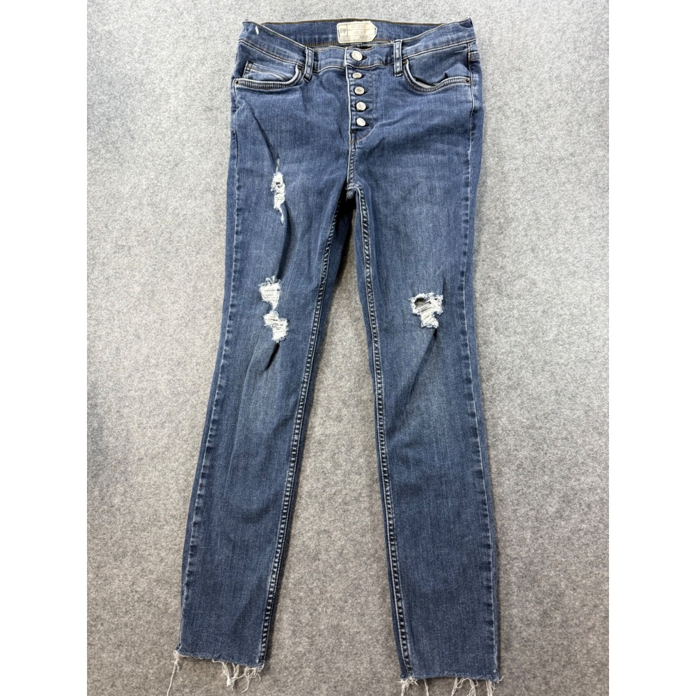Free People Reagan Distressed Skinny Jeans Blue Exposed Button Fly Raw Hem W28